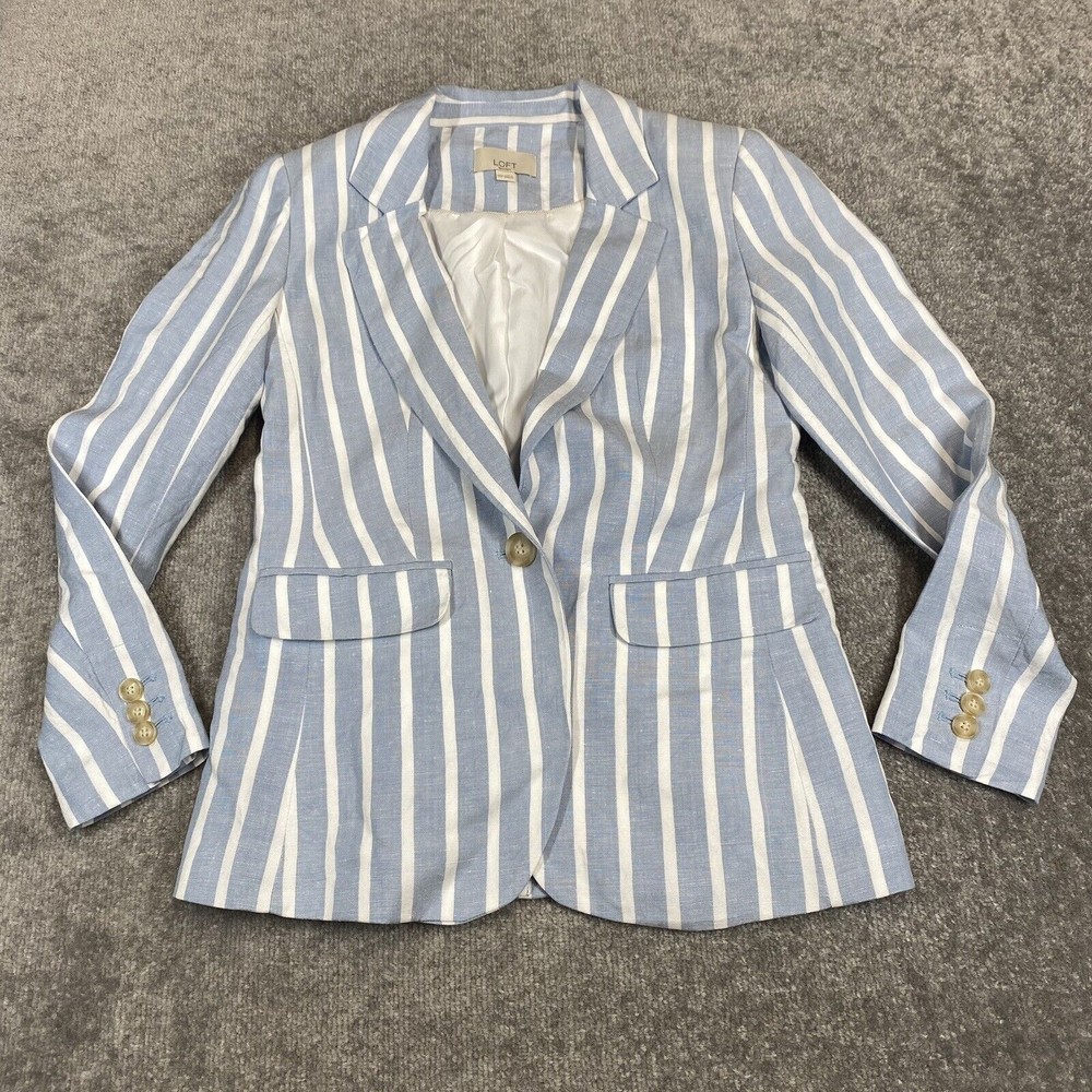 LOFT Blazer Women 00 Petite Blue White Striped Linen Blend Lined Nautical Jacket